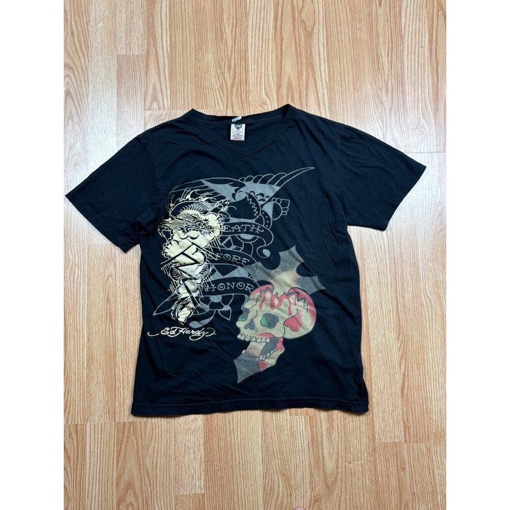 Ed Hardy Mens 2XL Black V-Neck T-Shirt Death Before Honor Skull Dragon Y2K